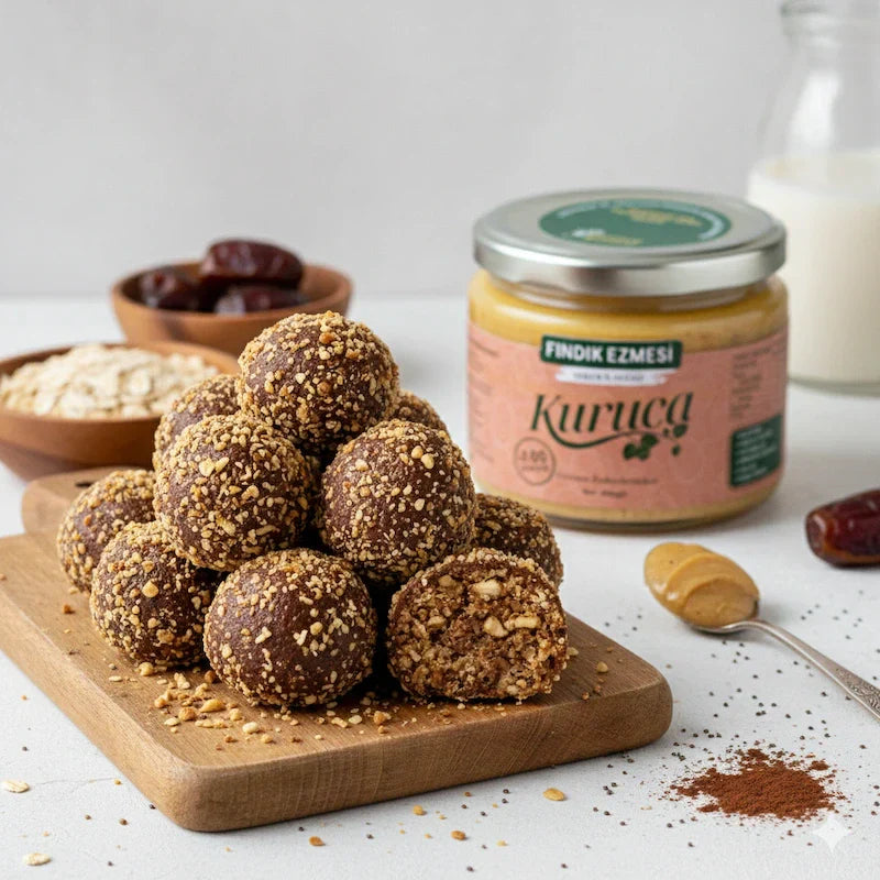 Kuruca Şekersiz %100 Fındık Ezmesi ile yapılan fit enerji topları tarifi görseli