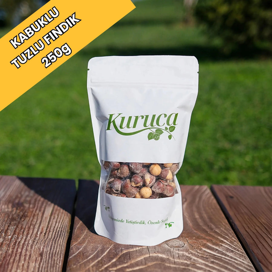 Kuruca Giresun'dan kabuklu çıtlamış tuzlu fındık. 250g kilitli ambalajda.